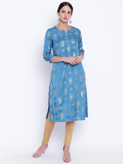 

Biba Women Blue & Golden Printed Straight Kurta