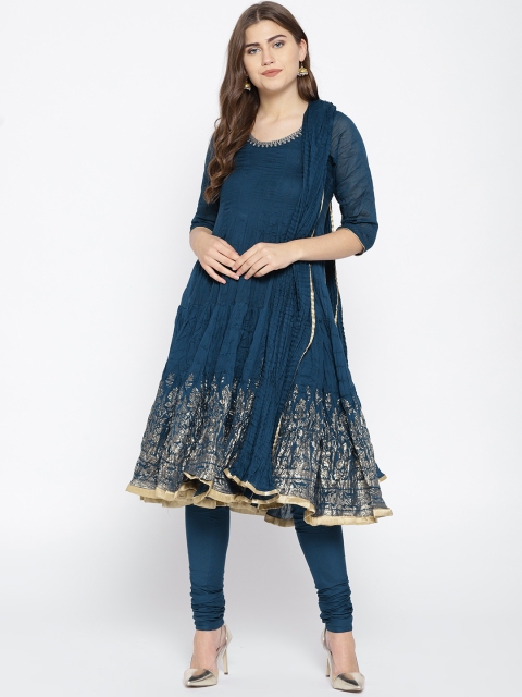 

Biba Women Teal Blue Solid Kurta with Churidar & Dupatta