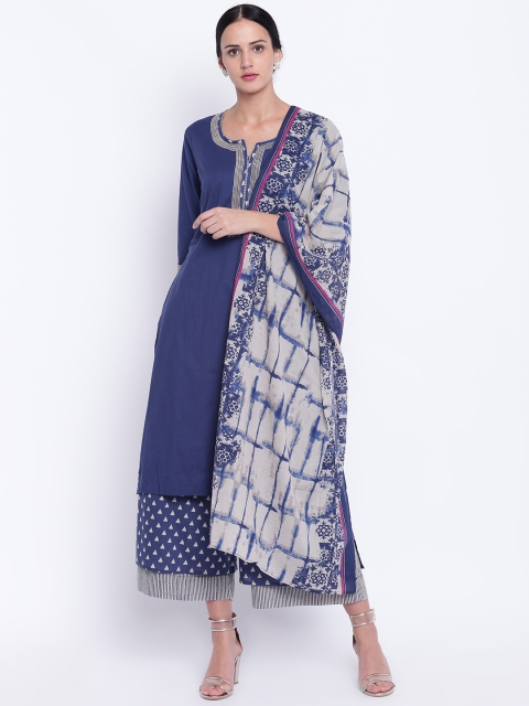 

Biba Women Navy Blue & Off-White Solid Kurta with Palazzos & Dupatta
