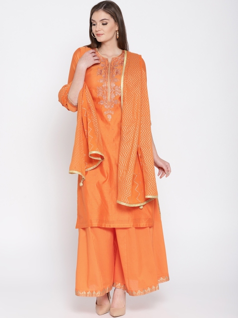 

Biba Women Orange Embroidered Kurta with Palazzos & Dupatta