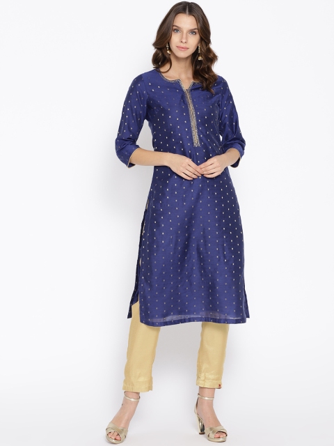 

Biba Women Navy Blue & Golden Woven Design Straight Kurta