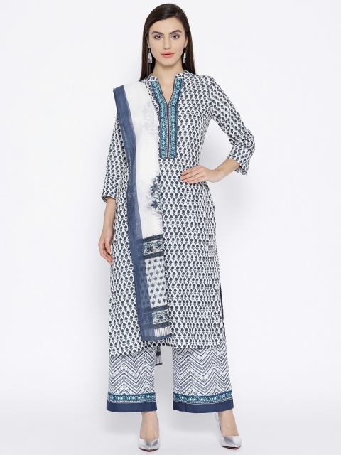 

Biba Women White & Navy Printed Kurta with Palazzos & Dupatta