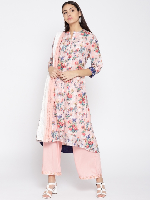 

Biba Women Pink & Green Printed Kurta with Palazzos & Dupatta