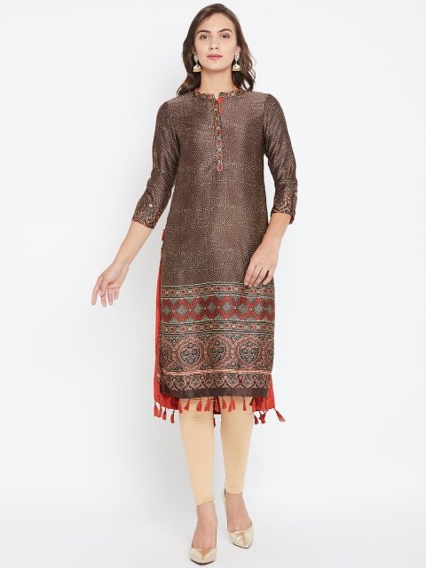 

Biba Women Coffee Brown & Rust Orange Printed Straight Kurta