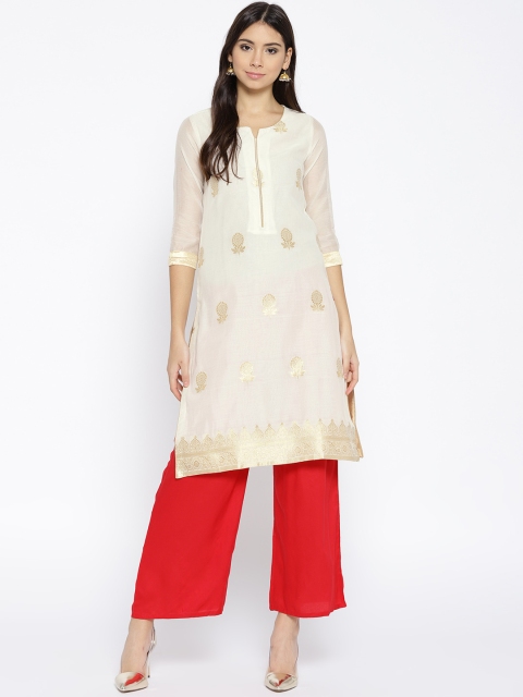 

Biba Women Off-White & Golden Woven Design Straight Kurta