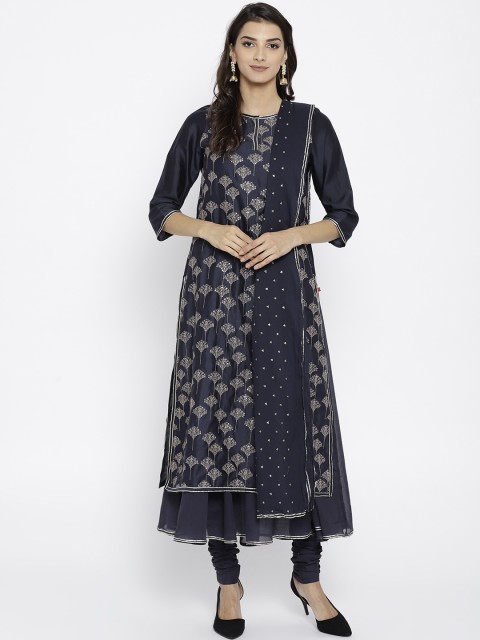 

Biba Women Navy Blue & Silver-Toned Self Design Kurta with Churidar & Dupatta