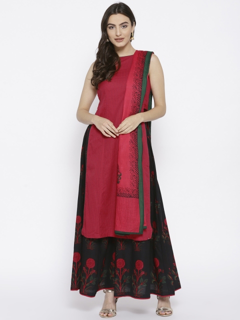 

Biba Women Red & Black Self-Striped Kurta with Palazzos & Dupatta