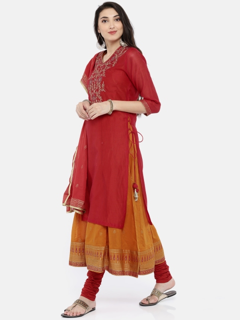 

Biba Women Mustard & Red Printed Kurta with Churidar & Dupatta