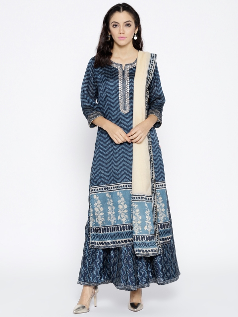 

Biba Women Navy Printed Kurta with Palazzos & Dupatta, Navy blue