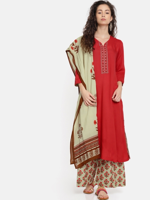 

Biba Women Red & Olive Green Printed Kurta with Palazzos & Dupatta