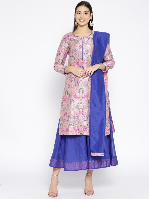 

Biba Women Pink & Blue Woven Design Kurta with Skirt & Dupatta