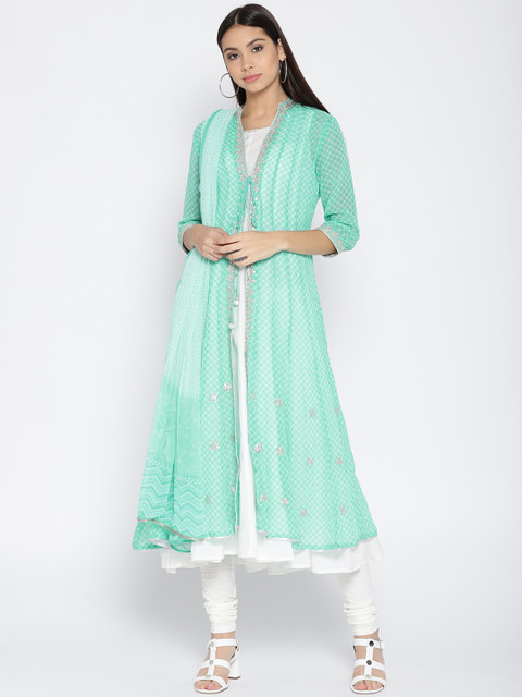 

Biba Women Green & Off-White Printed Kurta with Churidar & Dupatta