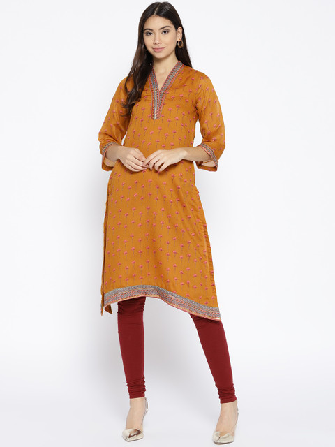 

Biba Women Mustard Brown Printed A-Line Kurta