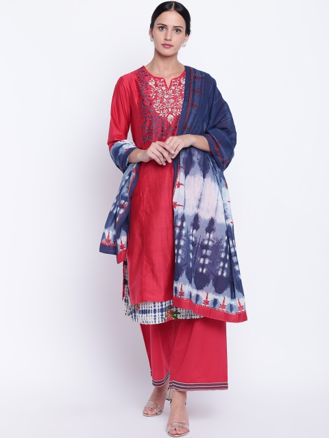 

Biba Women Red & Navy Blue Yoke Design Layered Kurta with Palazzos & Dupatta
