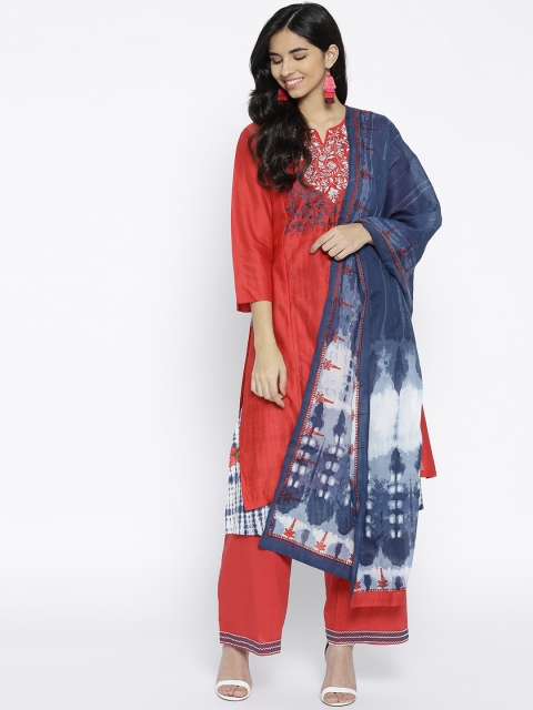 

Biba Women Red & Navy Blue Yoke Design Layered Kurta with Palazzos & Dupatta