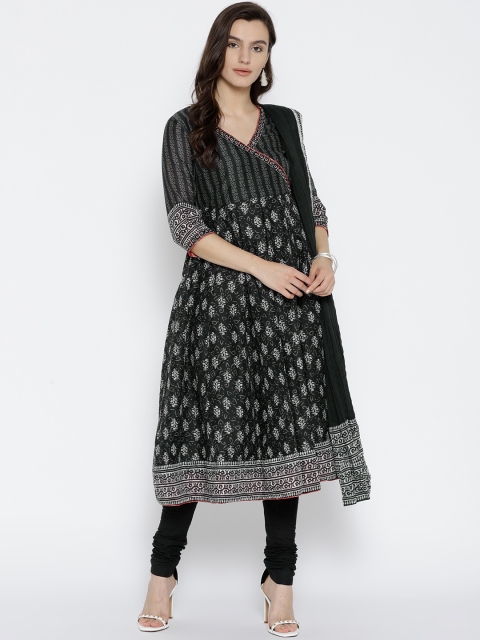 

Biba Women Charcoal Grey & Black Printed Kurta with Churidar & Dupatta