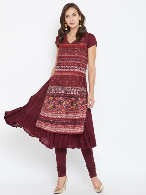 

Biba Women Burgundy Printed Layered Straight Kurta
