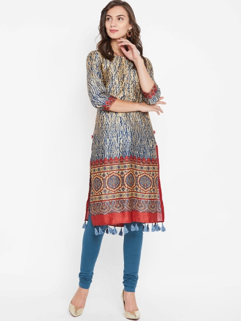 

Biba Women Beige & Navy Printed Straight Kurta