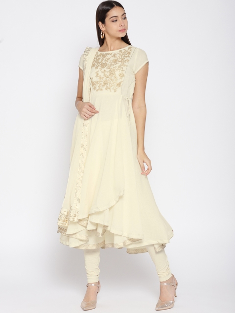 

Biba Women Off-White Embroidered Kurta with Churidar & Dupatta