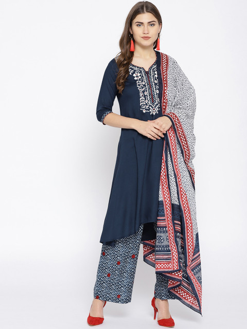 

Biba Women Navy Blue & White Yoke Design A-line Kurta with Palazzos & Dupatta