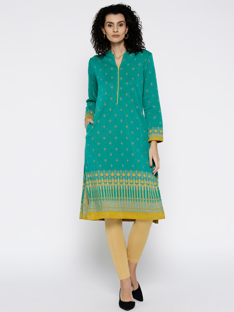 

Biba Women Sea Green Printed A-Line Kurta
