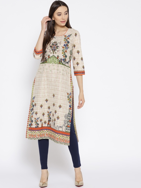 

Biba Women Beige & Green Quirky Print Straight Kurta