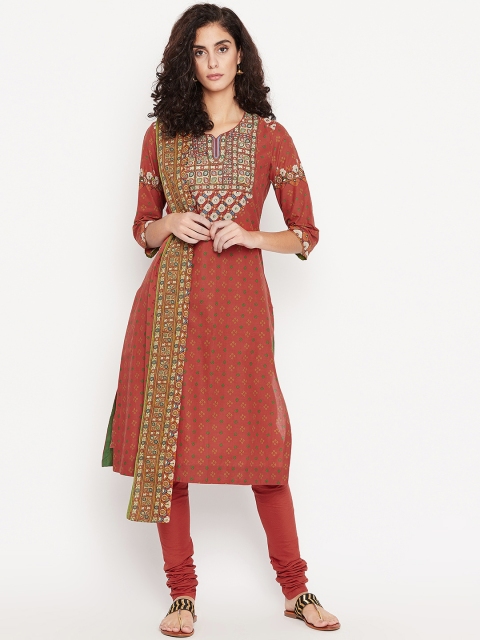 

Biba Women Rust Brown & Green Printed Kurta with Churidar & Dupatta
