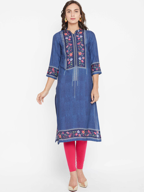 

Biba Women Blue & Pink Floral Printed Chambray Straight Kurta