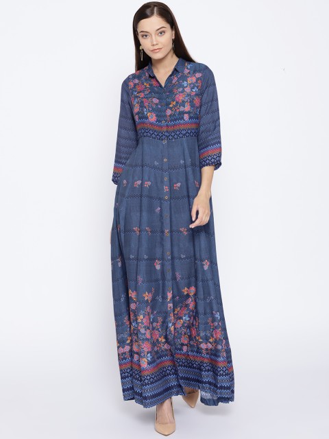

Biba Women Navy Blue & Orange Printed A-Line Kurta