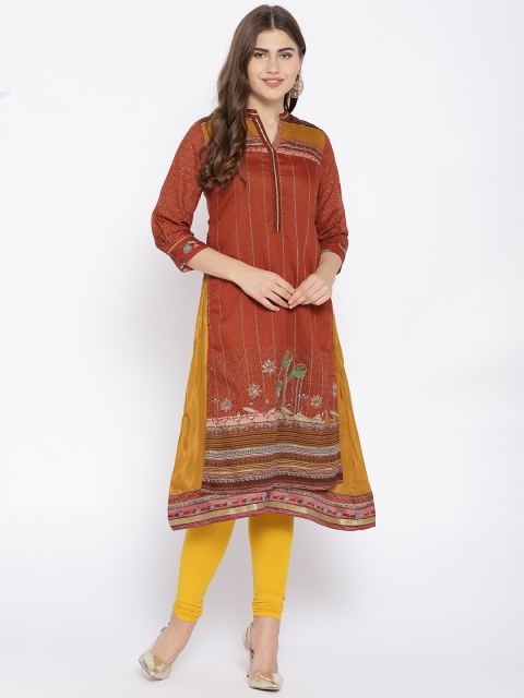 

Biba Women Rust Red & Mustard Yellow Printed Layered A-Line Kurta