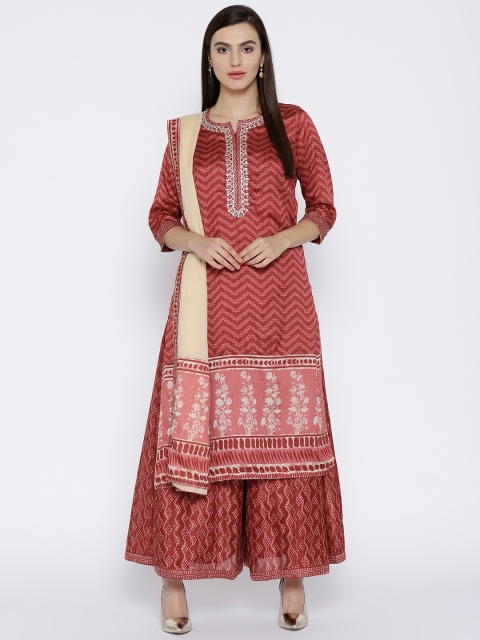 

Biba Women Rust Red Printed Kurta with Palazzos & Dupatta