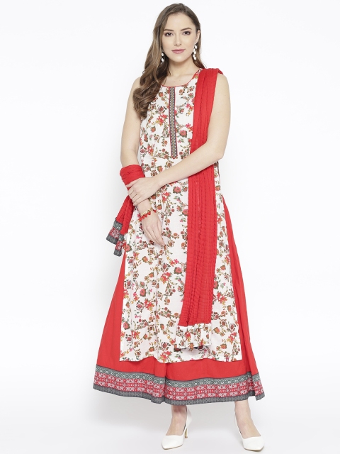 

Biba Women White & Red Printed Kurta with Palazzos & Dupatta