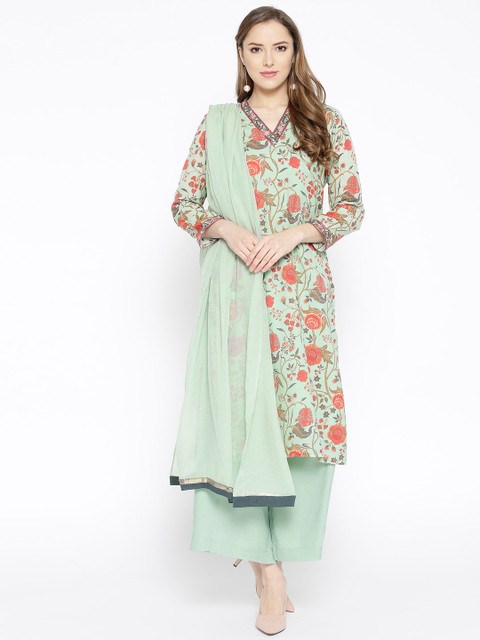 

Biba Women Sea Green & Coral Red Printed Kurta with Palazzos & Dupatta
