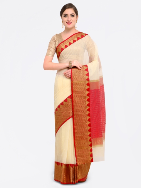 

Saree mall Off-White & Red Art Silk Colourblocked Kanjeevaram Saree