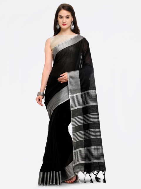 

Saree mall Black & Silver-Toned Silk Cotton Striped Maheshwari Saree