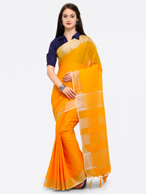 

Saree mall Yellow & Gold-Toned Silk Cotton Striped Maheshwari Saree