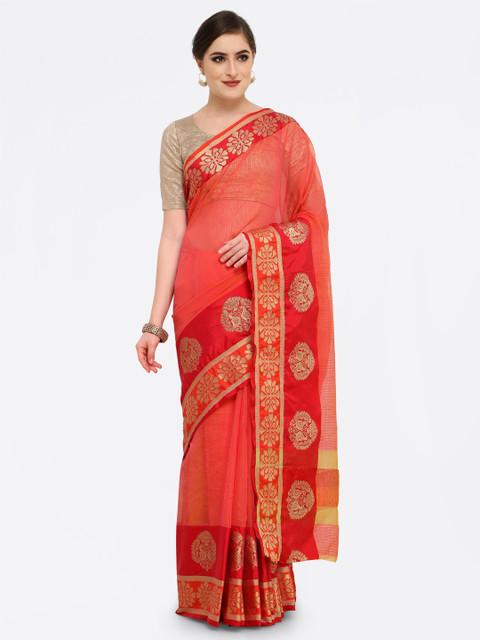 

Saree mall Peach-Coloured & Gold-Toned Art Silk Colourblocked Kanjeevaram Saree