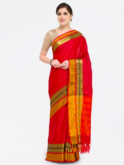 

Saree mall Red & Gold-Toned Silk Cotton Colourblocked Kanjeevaram Saree