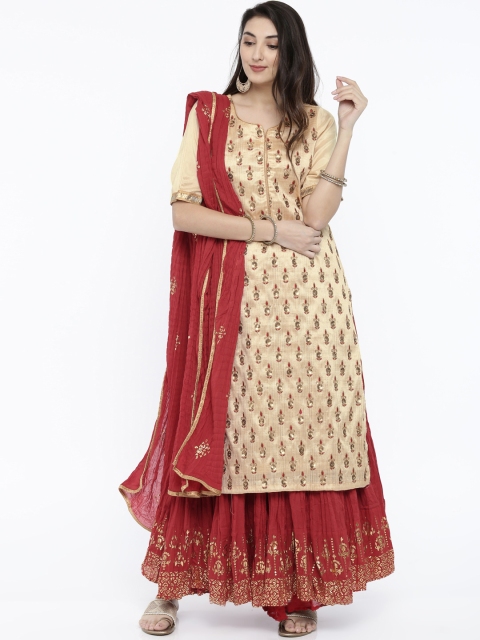 

Biba Women Cream-Coloured & Red Embroidered Kurta with Skirt & Dupatta