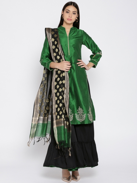 

Biba Women Green & Black Solid Kurta with Sharara & Dupatta