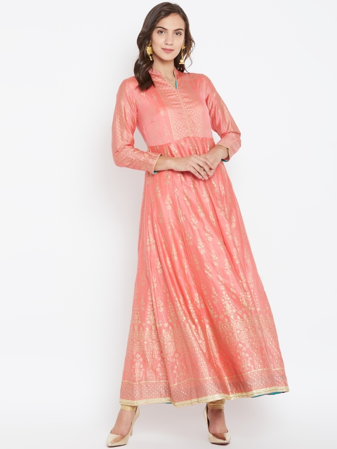 

Biba Women Peach-Coloured & Gold-Toned Printed Kurta with Churidar
