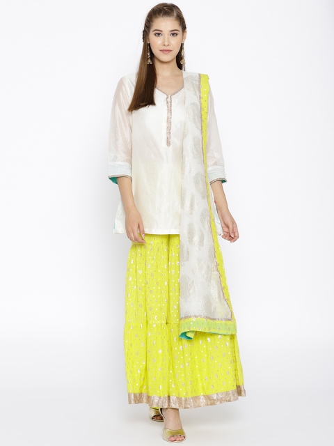 

Biba Women Off-White & Lime Green Solid Kurti with Palazzos & Dupatta