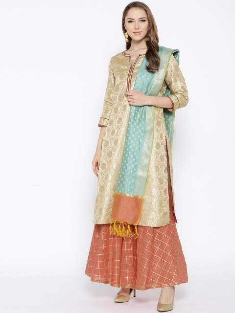 

Biba Women Golden & Coral Orange Woven Design Kurta with Palazzos & Dupatta, Gold