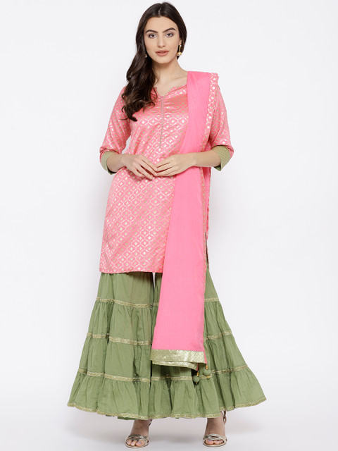 

Biba Women Pink & Green Self-Design Kurta with Sharara & Dupatta