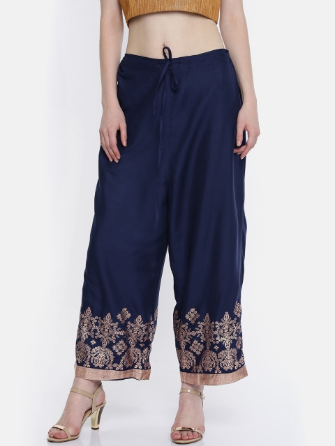 

Biba Women Navy Blue & Gold-Toned Hem Design Wide Leg Palazzos