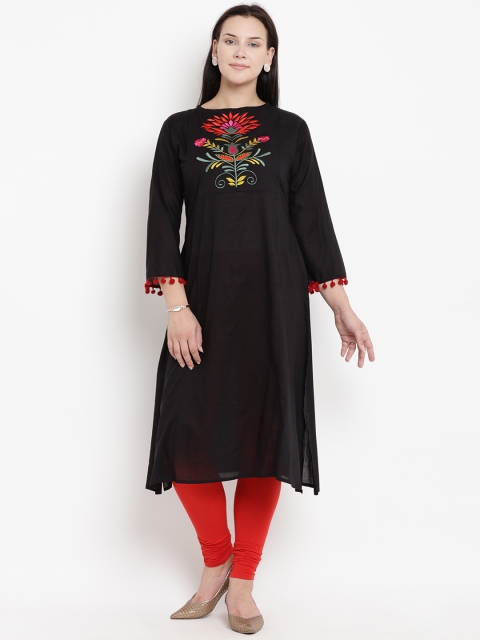 

Love More Women Black Floral Embroidered A-Line Kurta