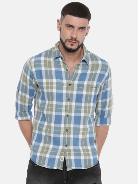 

Roadster Men Blue & Green Regular Fit Checked Casual Shirt