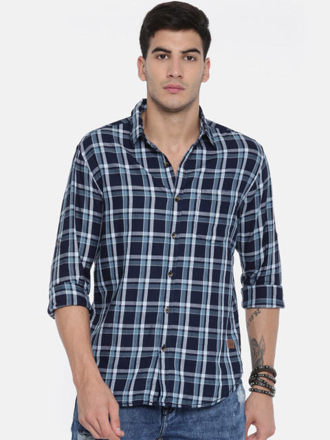 

Roadster Men Navy Blue & White Regular Fit Checked Casual Shirt