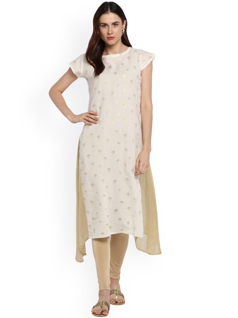 

Ahalyaa Women White & Gold-Toned Printed A-Line Kurta