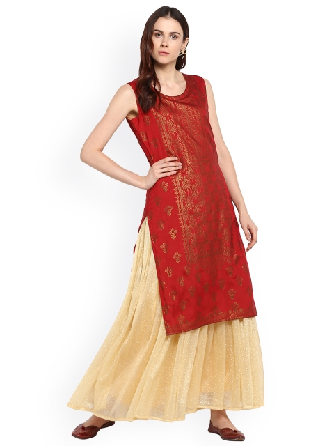 

Ahalyaa Women Red & Gold-Toned Printed A-Line Kurta